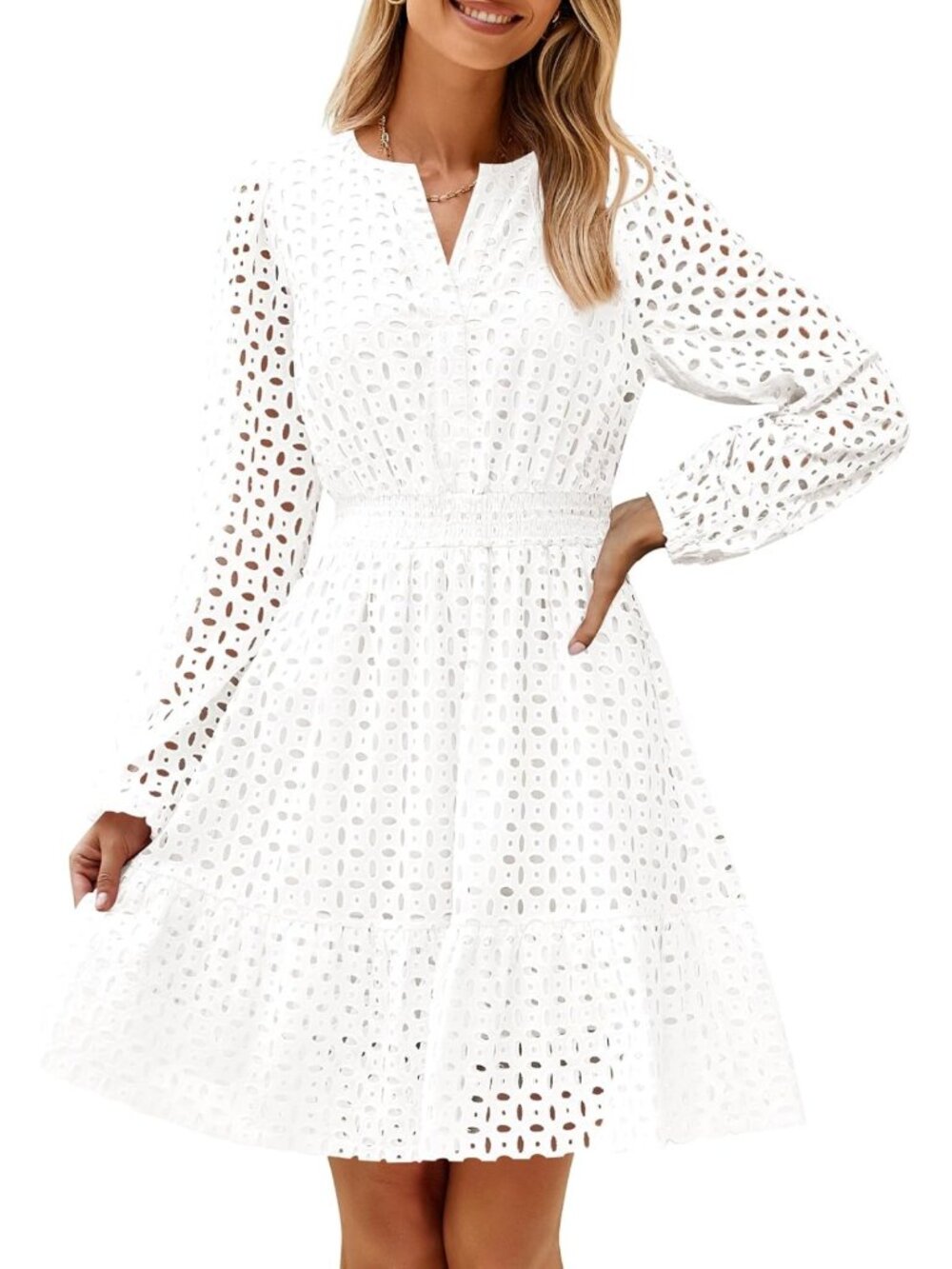Chic Women's Fall Long Sleeve Eyelet Embroidery Mini Dress - Perfect for Any